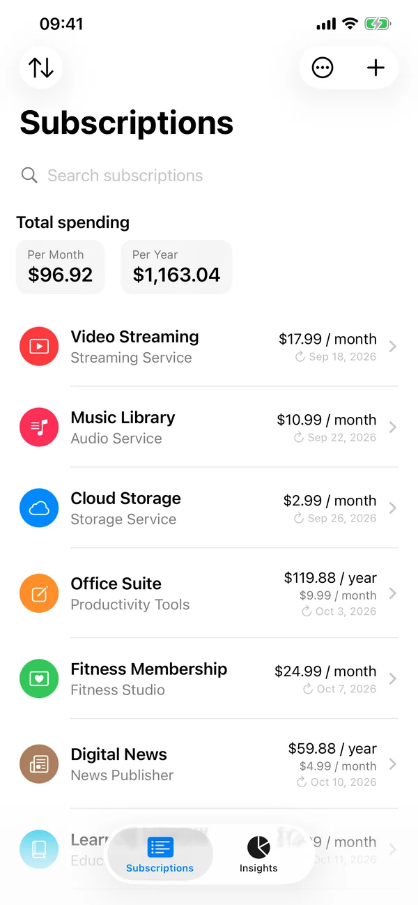 Subwyn listing subscriptions, monthly spending, and upcoming renewal dates.